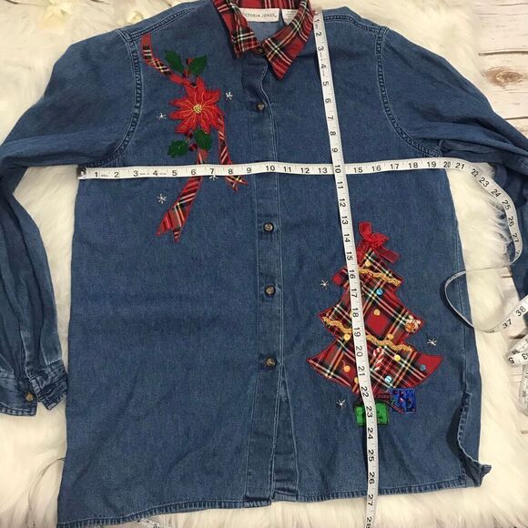 Vintage Christmas Shirt Blouse Denim tacky size small medium - Picture 3 of 14